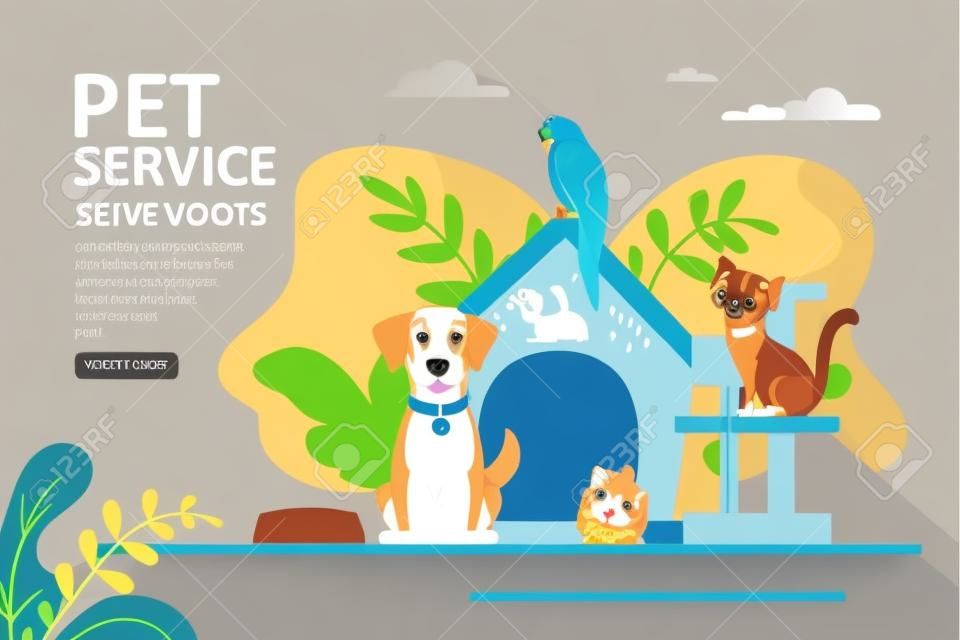 Concept of pets care services and zooshop. Bringing puppy to grooming, veterinary service. Pet hotel, daycare and animal store. Landing page or website template. Trendy flat vector illustration