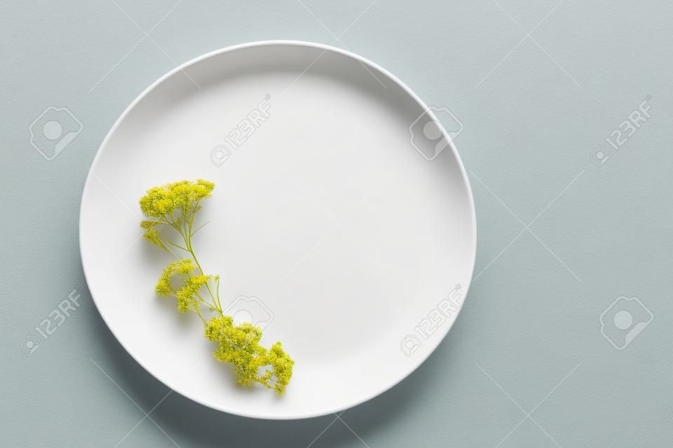 Composición minimalista de la flor y plato blanco. Achillea. Aplanado