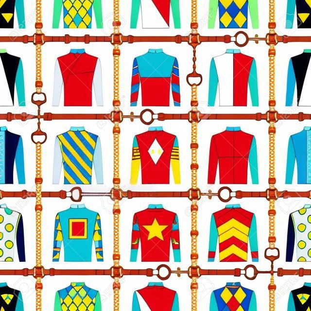Naadloos patroon jockey uniform. Traditioneel ontwerp. Zijde. Harnas, hoofdstel, harnas, riem. Paardenrace mode. Vector illustratie