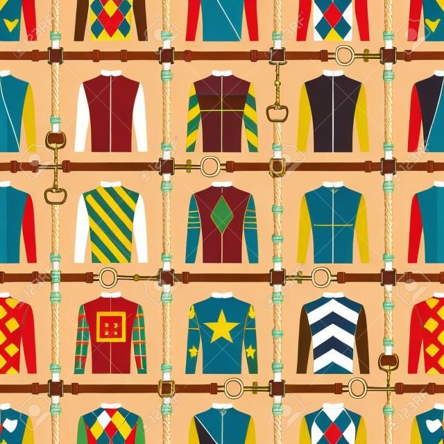 Naadloos patroon jockey uniform. Traditioneel ontwerp. Zijde. Harnas, hoofdstel, harnas, riem. Paardenrace mode. Vector illustratie