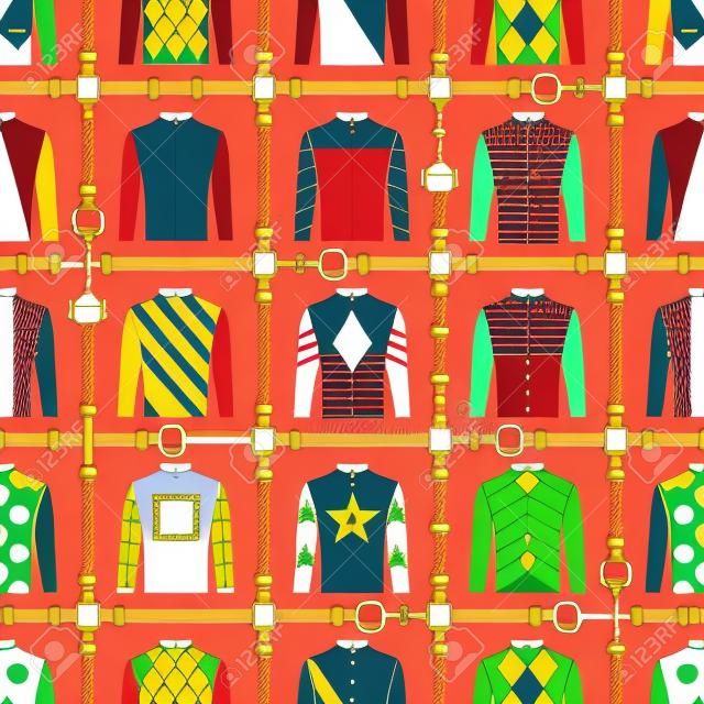 Seamless pattern jockey uniform. Traditional design. Silk. Harness, bridle, harness, belt. Horse racing fashion. Vector illustration