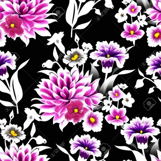 Vintage Floral seamless background with blooming dahlias and violets. Vector floral illustration on black background.