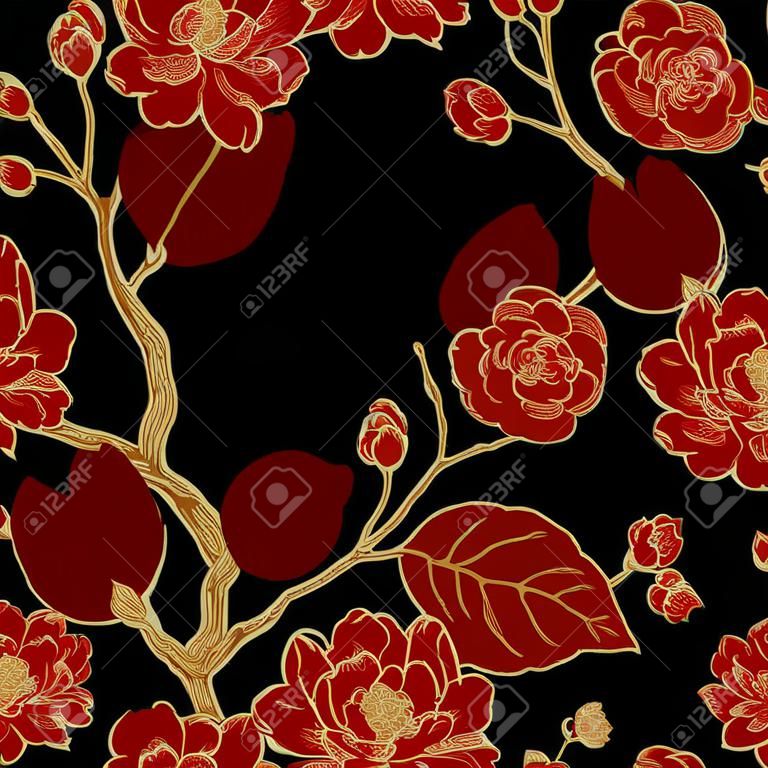 Vector seamless pattern with flower Chinese plum. Floral pattern with leaves, flowers and branches of the tree Chinese plum. Design paper, wallpaper and fabrics. Black, red, gold.