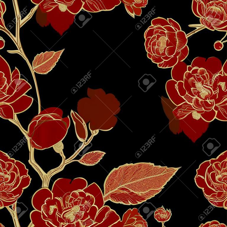 Modelo inconsútil del vector con la flor del ciruelo chino. Modelo floral con las hojas, las flores y las ramas del árbol de ciruela china. Diseño de papel, papeles pintados y telas. Negro, rojo, oro.
