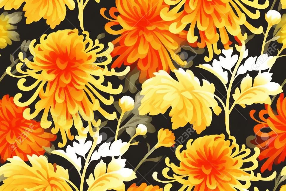 Вектор бесшовные цветочный узор. Японский национальный цветок хризантемы. Иллюстрация роскошный дизайн, текстиль, бумага, обои, шторы, жалюзи. Золотые листья, красные цветы на черном фоне.
