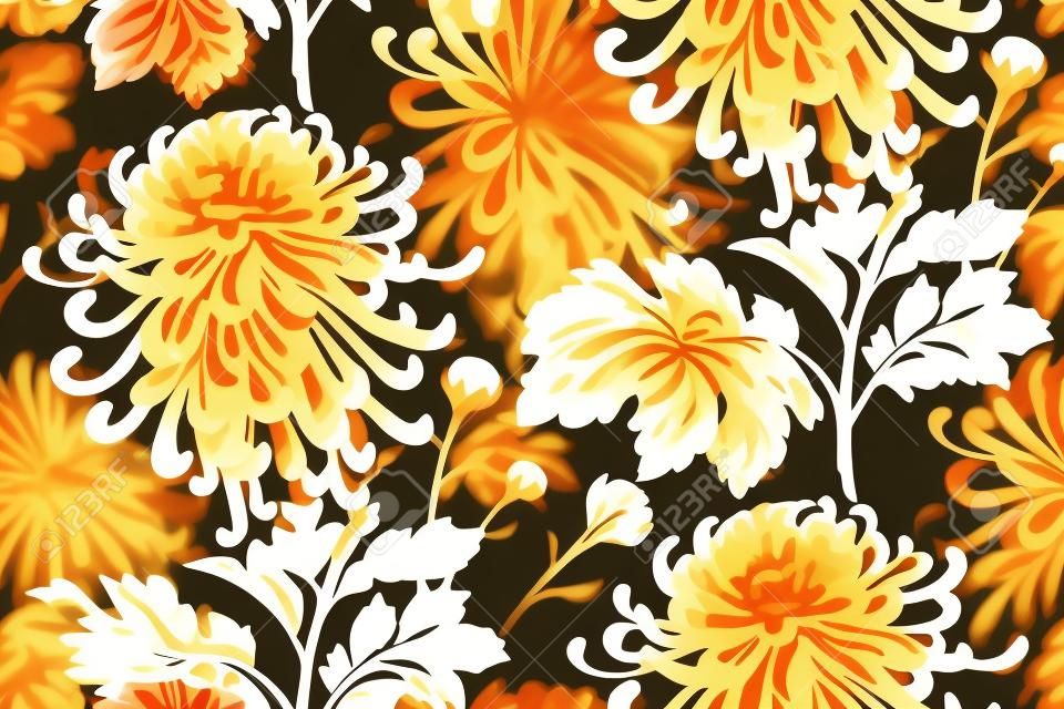 矢量無縫的花卉圖案。日本國花菊花。插圖豪華設計，紡織品，紙，壁紙，窗簾，百葉窗。金黃的葉子，在黑色背景上的紅色花朵。