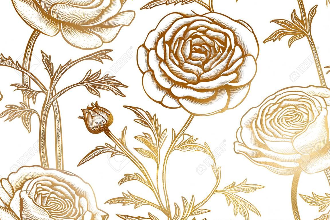 Spring flowers seamless floral pattern. Hand drawing garden plants buttercup print gold foil on white background. Vector vintage illustration. For wrapping, fabric, fashion, paper, packaging, clothes.