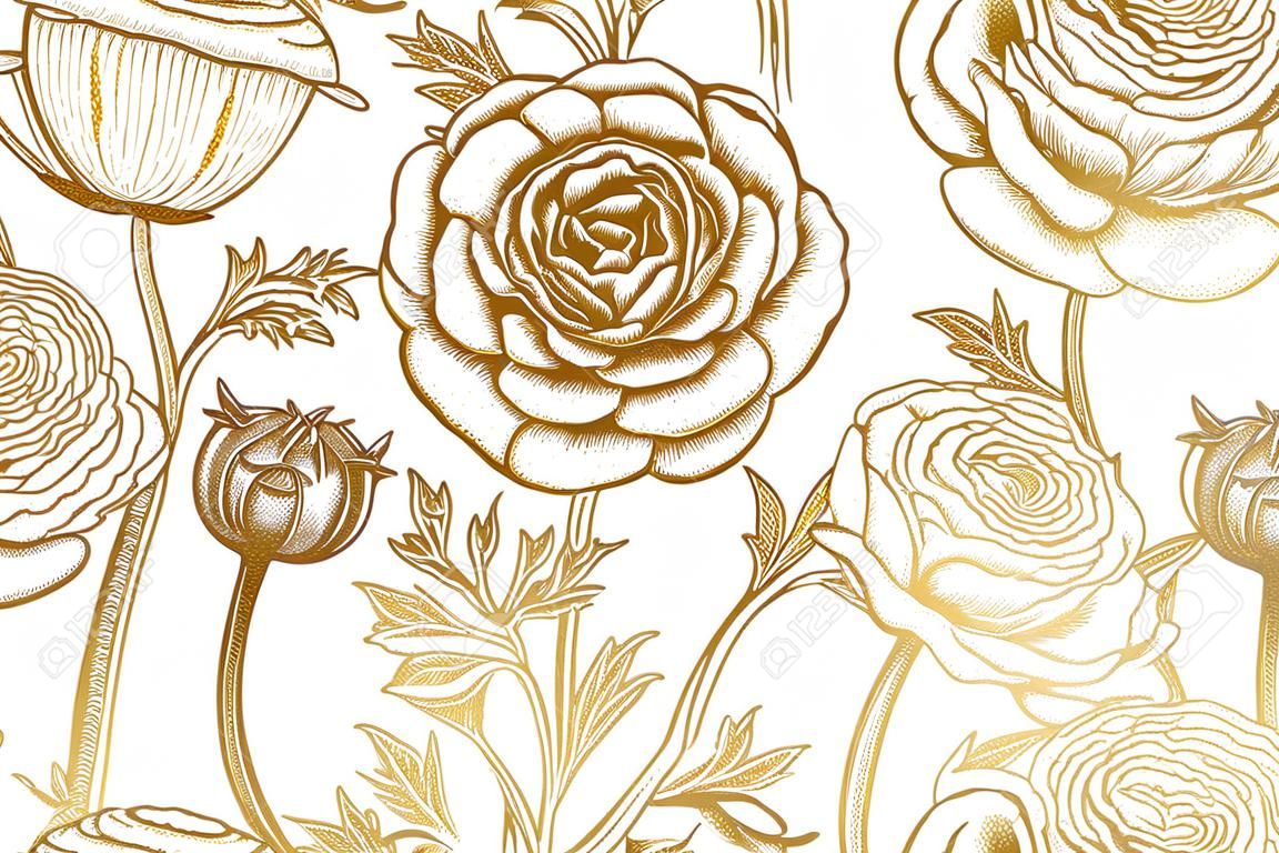 春花シームレス花柄。手に白い背景の上の庭の植物バター プリント金箔を描画します。ベクトル ビンテージ イラスト。折り返し、ファブリック、ファッション、パッケージング、紙の服します。