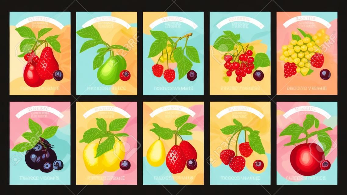 Címkék különböző gyümölcsökkel, bogyókkal és feliratokkal. Állítson be sablonok árcédulákat a bio vegetáriánus ételek boltjai és piacai számára. Vektoros illusztráció művészet. Szüret. Természeti tárgyak kézi rajza.