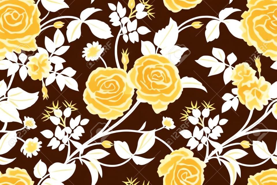 Roses, flowers, leaves, branches and berries of dog rose. Floral vintage seamless pattern. Gold, lack and white. Oriental style. Vector illustration art. For design textiles, paper, wallpaper.