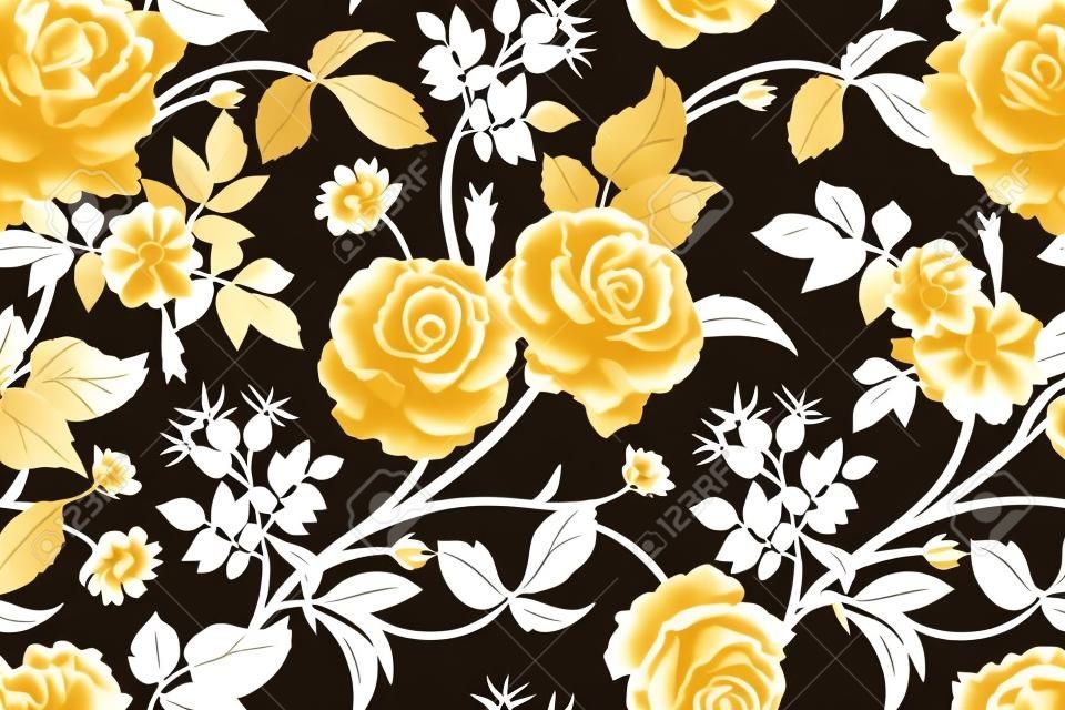 玫瑰，花朵，叶子，树枝和浆果的狗玫瑰。老式的无缝花纹。黄金，缺乏和白色。东方风格。矢量插图艺术。用于设计纺织品，纸张，墙纸。