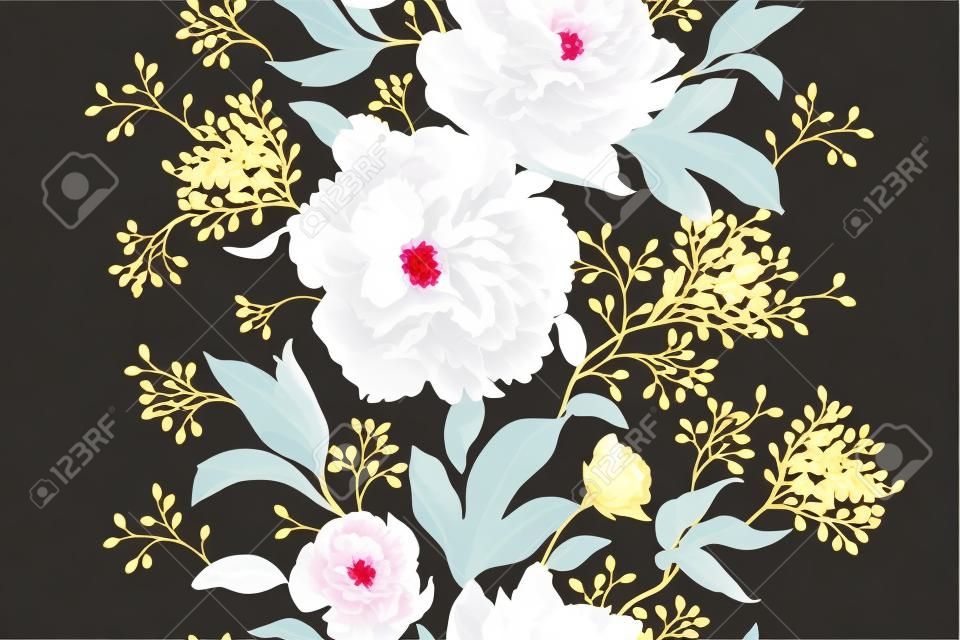 牡丹和玫瑰。老式的无缝花纹。黄金和白花，树叶，树枝和浆果在黑色背景上。东方风格。矢量插图艺术。用于设计纺织品，纸张。