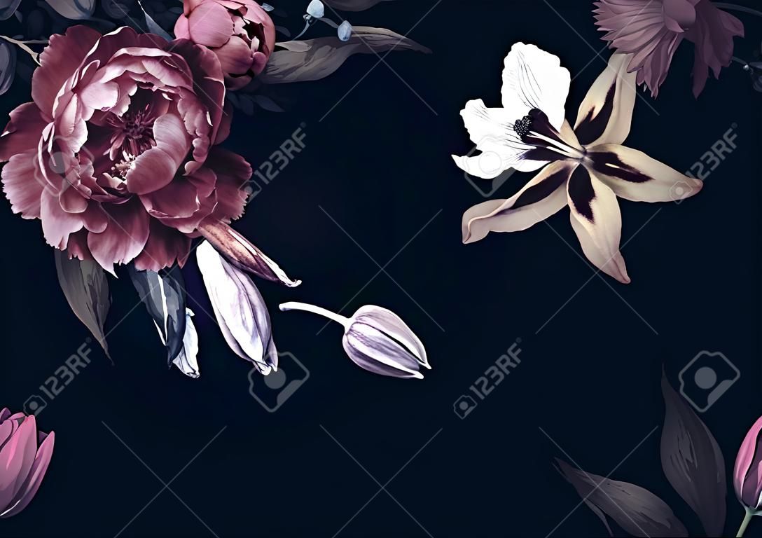 Kwiatowy wzór karty z kwiatami. Piwonie, tulipany, lilia, hortensja na czarnym tle. Szablon do projektowania zaproszeń ślubnych, życzeń świątecznych, wizytówek, opakowań dekoracyjnych