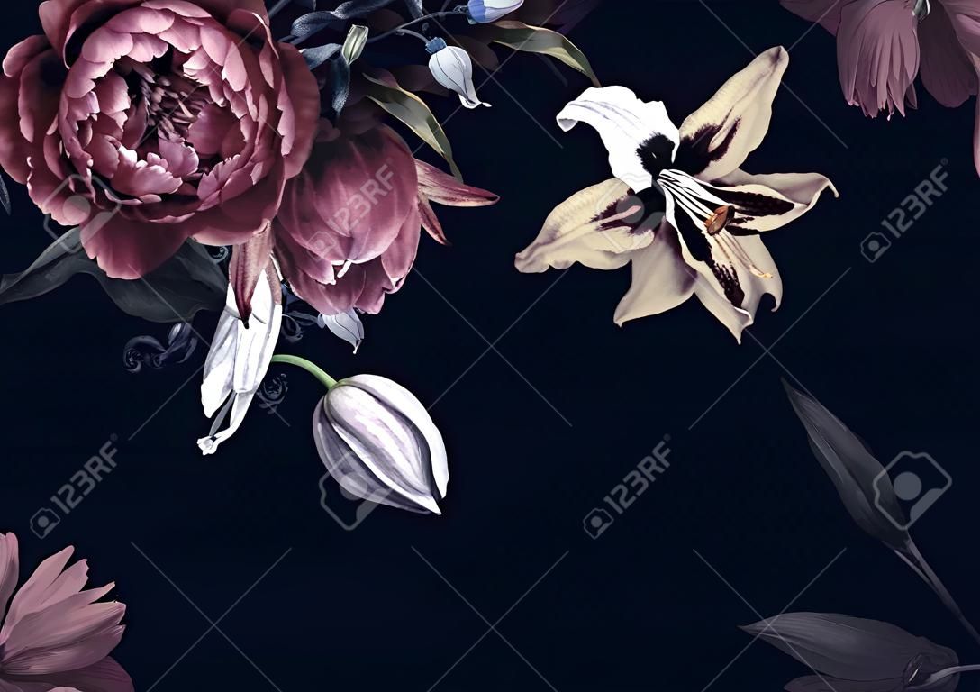 Kwiatowy wzór karty z kwiatami. Piwonie, tulipany, lilia, hortensja na czarnym tle. Szablon do projektowania zaproszeń ślubnych, życzeń świątecznych, wizytówek, opakowań dekoracyjnych