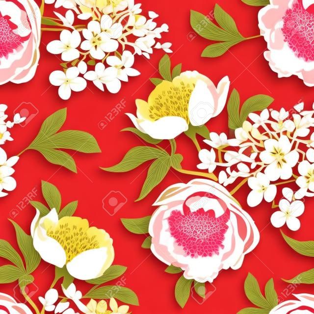 Peonie e ortensie. Motivo floreale vintage senza cuciture. Mazzi d'oro e bianchi di fiori, foglie, rami su sfondo rosso. Stile orientale. Arte di illustrazione vettoriale. Modello di tessuti, carta.