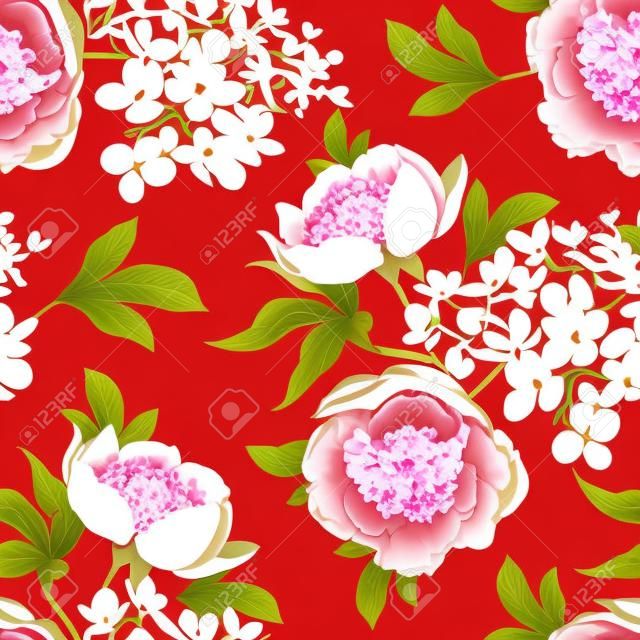 Peonies and hydrangea. Floral vintage seamless pattern. Gold and white bouquets of flowers, leaves, branches on red background. Oriental style. Vector illustration art. Template of textiles, paper.