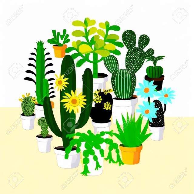 Vector illustration set of blooming flowers home cactus in pots isolated on white background.