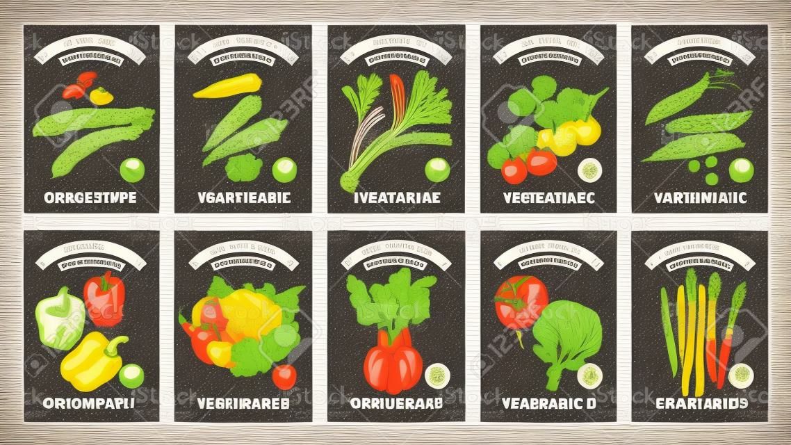 Étiquettes avec divers légumes et inscriptions. Définissez des modèles d'étiquettes de prix pour les magasins et les marchés d'aliments végétariens biologiques. Art d'illustration vectorielle. Ancien. Dessin à la main d'objets de la nature.