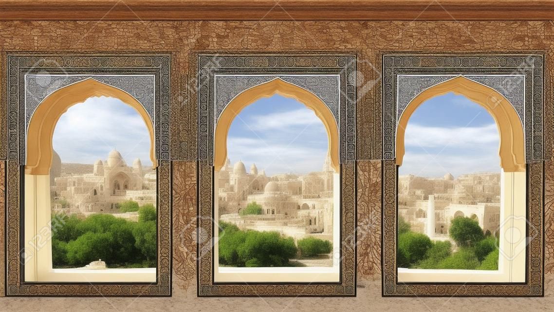 3 arch windows in general life ornate with arabic motif.