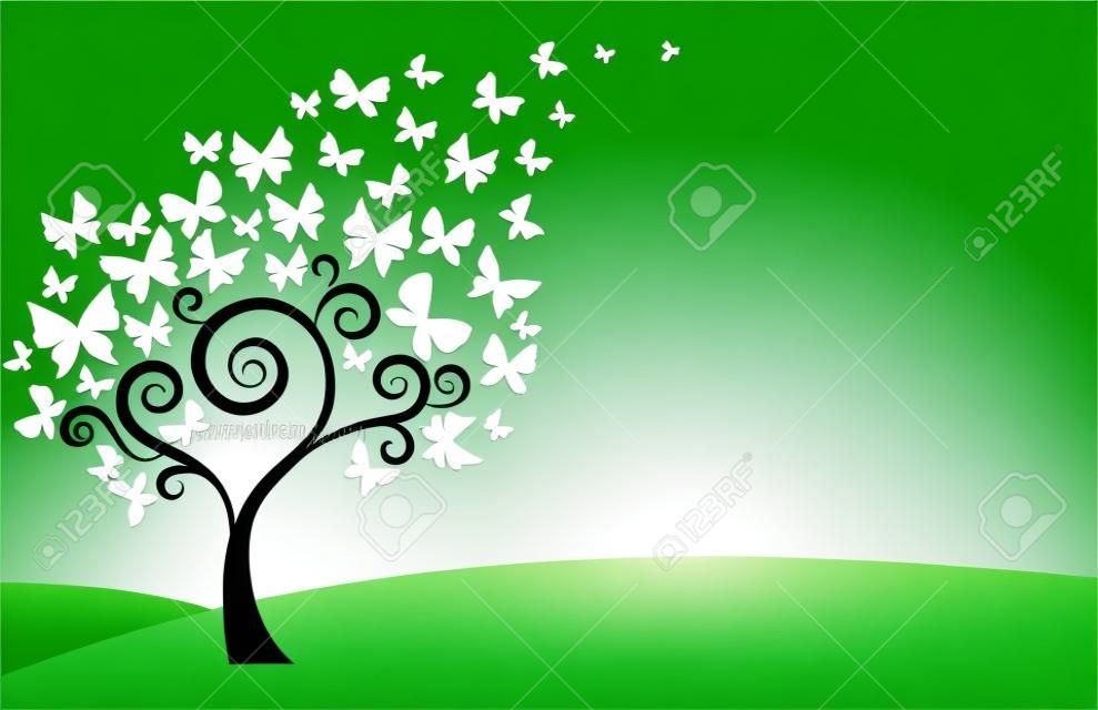 Sfondo verde con colline, albero e farfalle bianche