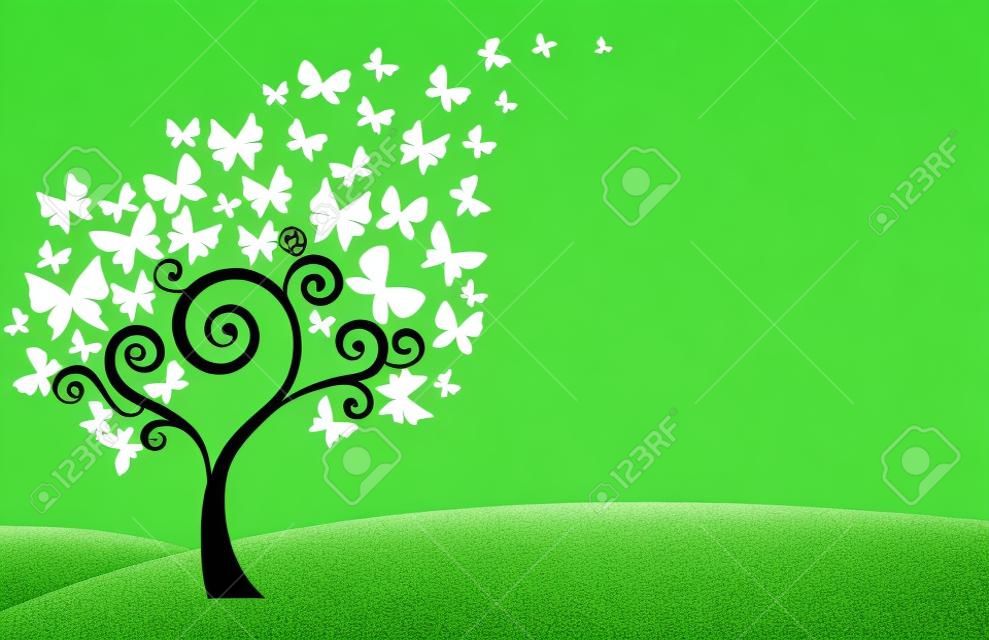 Sfondo verde con colline, albero e farfalle bianche