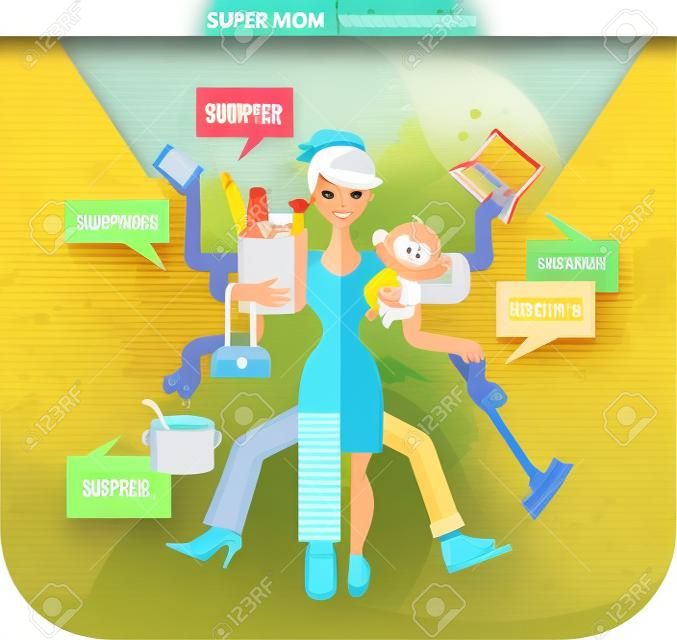 Super Mom - madre con el bebé, trabajo, coocking, limpiar y hacer un comercial