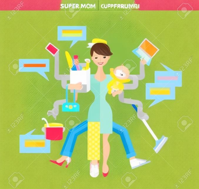 Super Mom - madre con el bebé, trabajo, coocking, limpiar y hacer un comercial