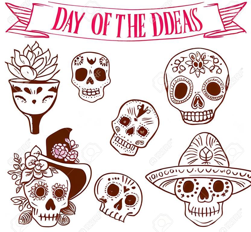 Hand gezeichneten Kritzeleien, mexikanische Schädel Satz, Tag der Toten