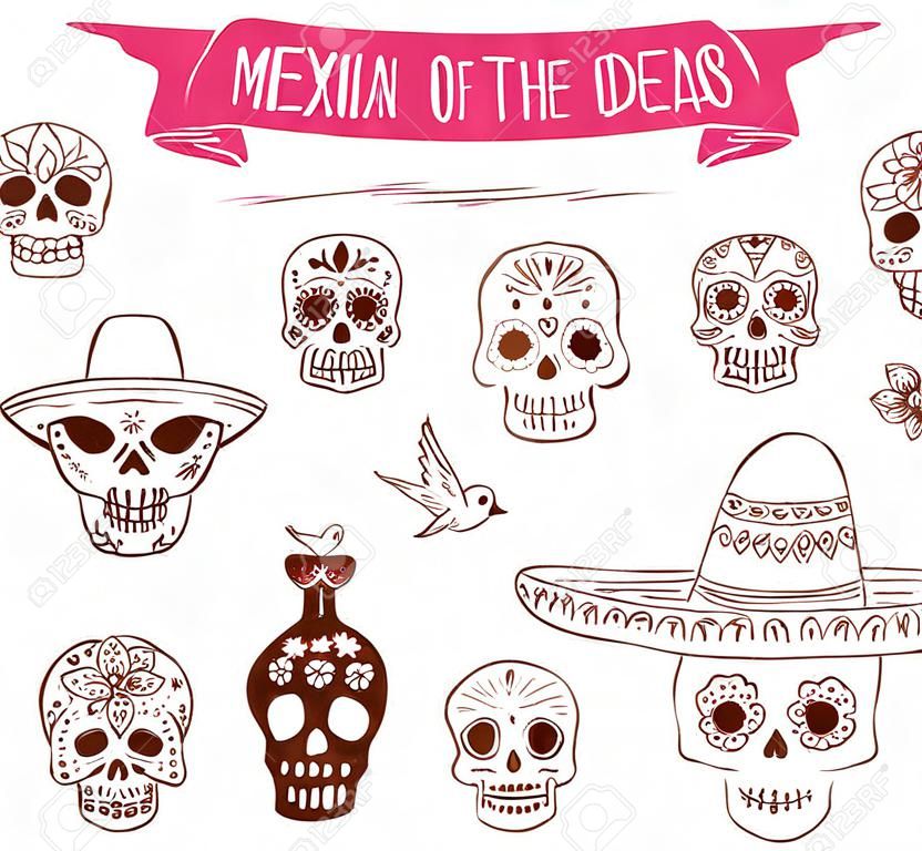 hand drawn doodles, mexican skull set, day of the dead