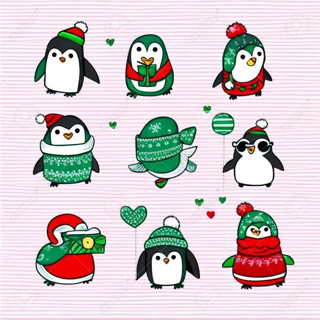 Nette Hand gezeichnet, Vektor-Pinguine Set - Grüße der frohen Weihnachten