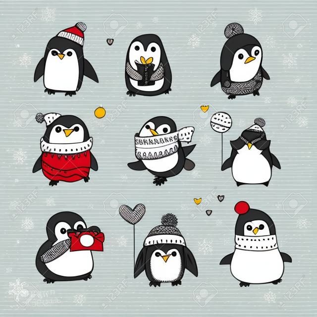 Aranyos kézzel rajzolt, vektor pingvinek beállítva - Boldog Karácsonyi üdvözlet