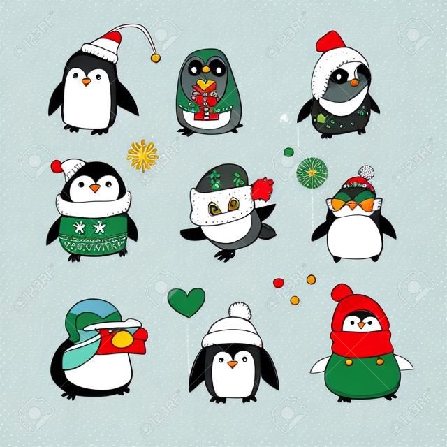 Śliczne ręcznie rysowane, pingwiny Wektor zestaw - Merry Christmas pozdrowienia