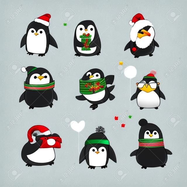 Lindo dibujado a mano, pingüinos conjunto de vectores - saludos Feliz Navidad