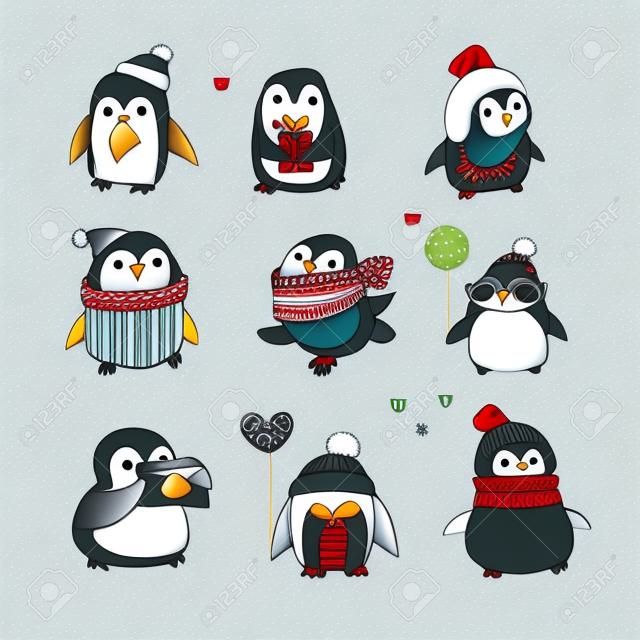 Schattige hand getrokken, vector pinguïns set - Vrolijk kerstfeest