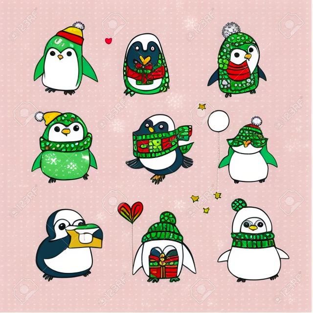 Lindo dibujado a mano, pingüinos conjunto de vectores - saludos Feliz Navidad