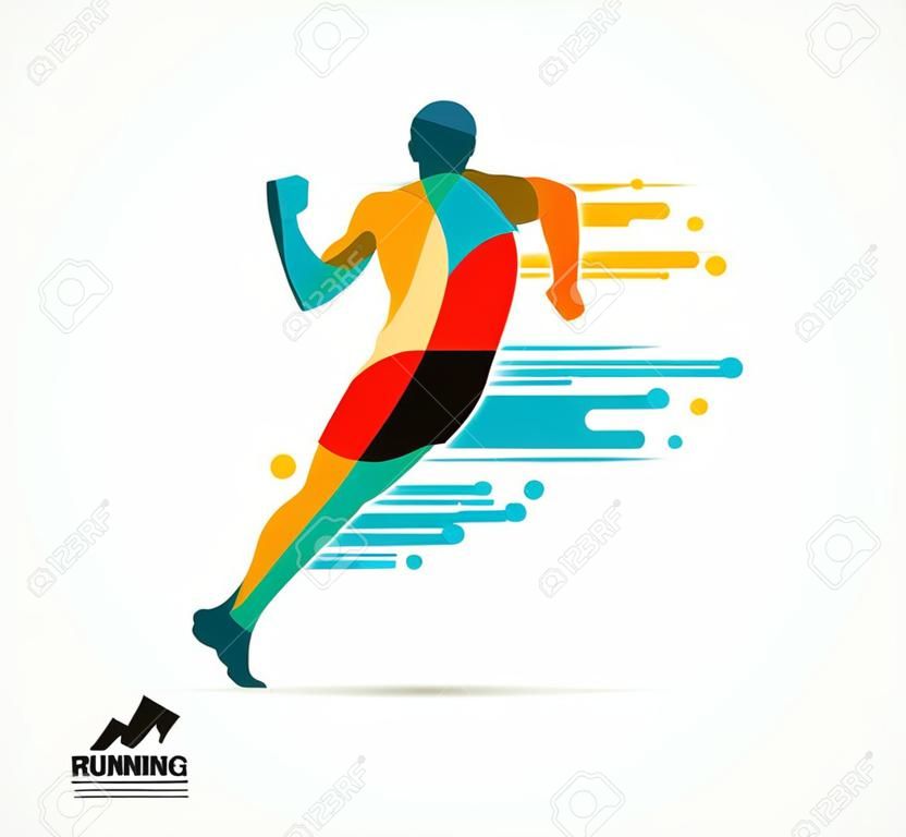 Running man, sport kolorowy plakat, ikona z odpryskami, kształtów i symboli