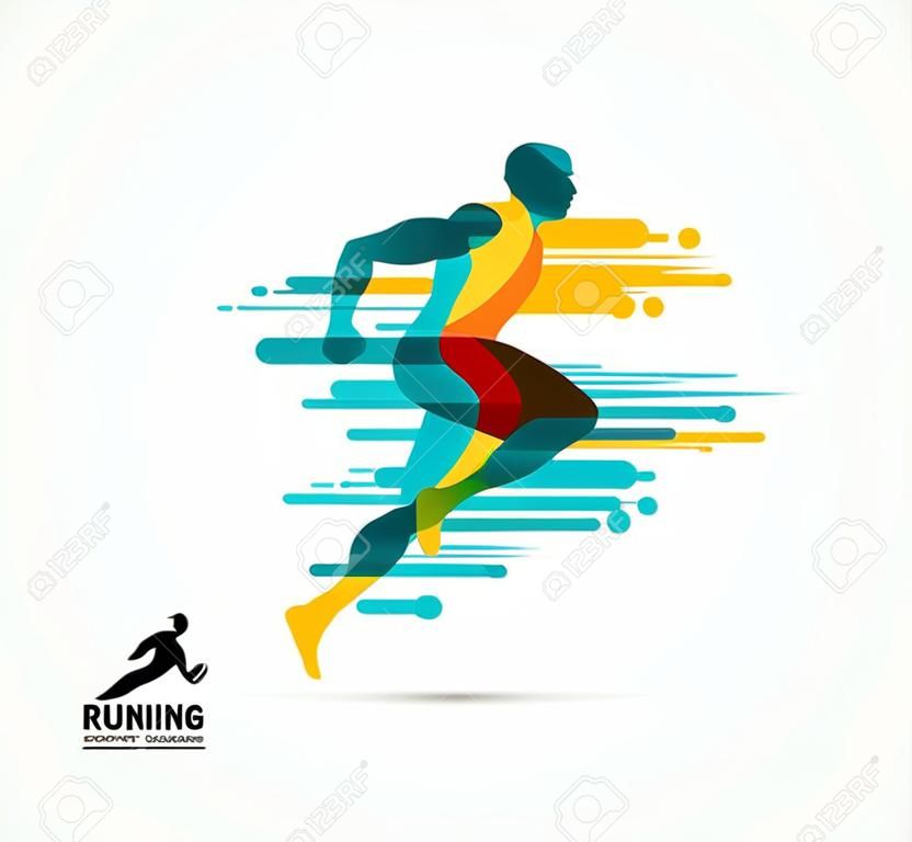Running man, sport colorful poster, icon with splashes, shapes and symbol