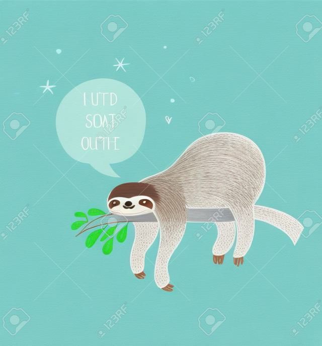 Cute hand drawn sloths, funny vector illustrations, poster and greeting card