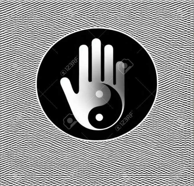 Alternativa, medicina chinesa e bem-estar, ioga, conceito de meditação zen - vetor yin yang com ícone de mão, logotipo