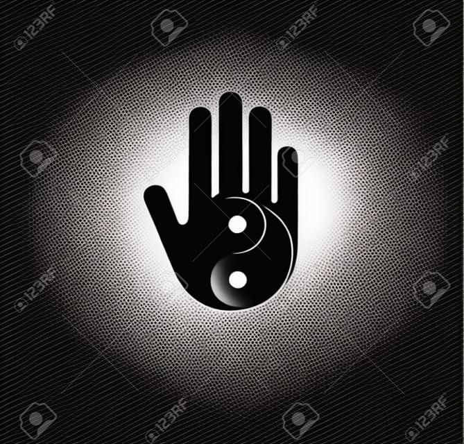 Alternativa, medicina chinesa e bem-estar, ioga, conceito de meditação zen - vetor yin yang com ícone de mão, logotipo