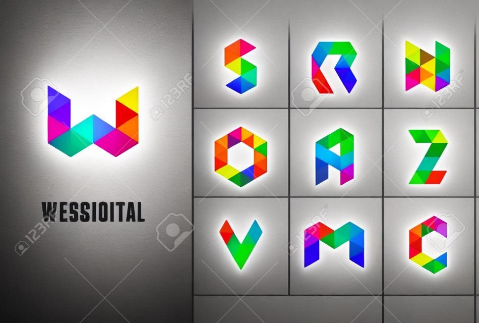 Kreative, digitale Brief bunte Icons, Element und Symbol, Logo-Vorlage. W, S, O, A, Z, N, M, C