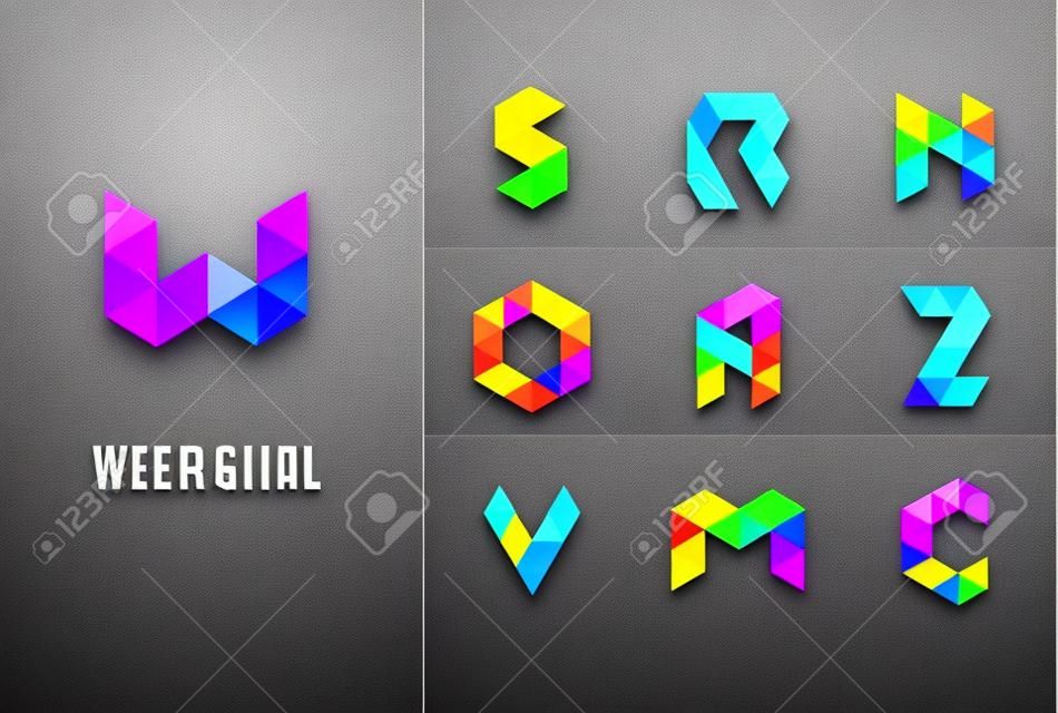 Creative, digital letter colorful icons, element and symbol, logo template. W, S, O, A, Z, N, M, C