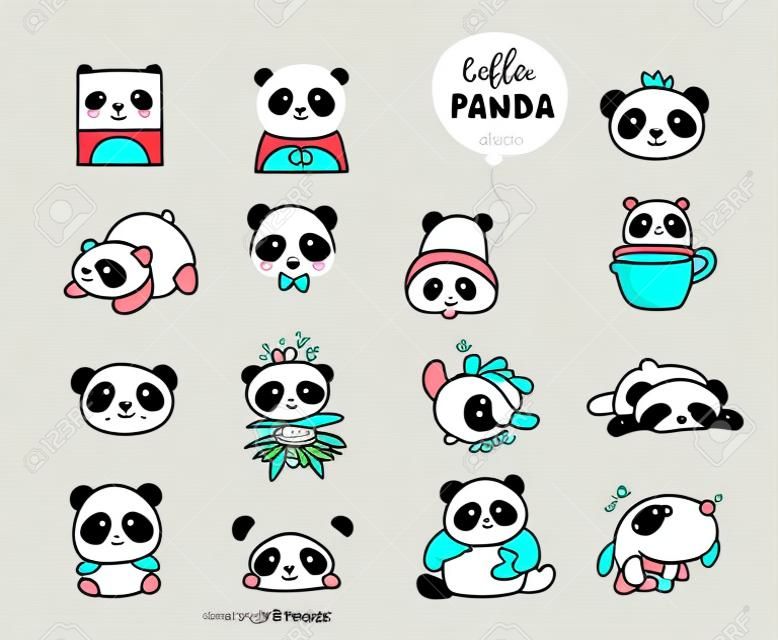 Cute Panda bear illustrations, collection of vector hand drawn elements, black and white icons