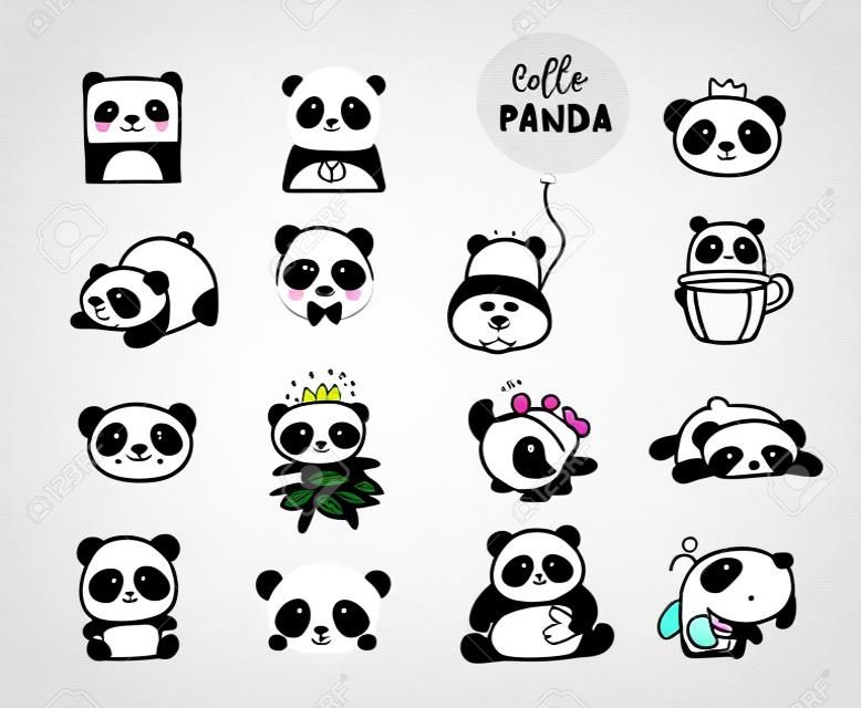 Cute Panda Bear иллюстрации коллекция векторных рисованной элементы, черно-белые иконки