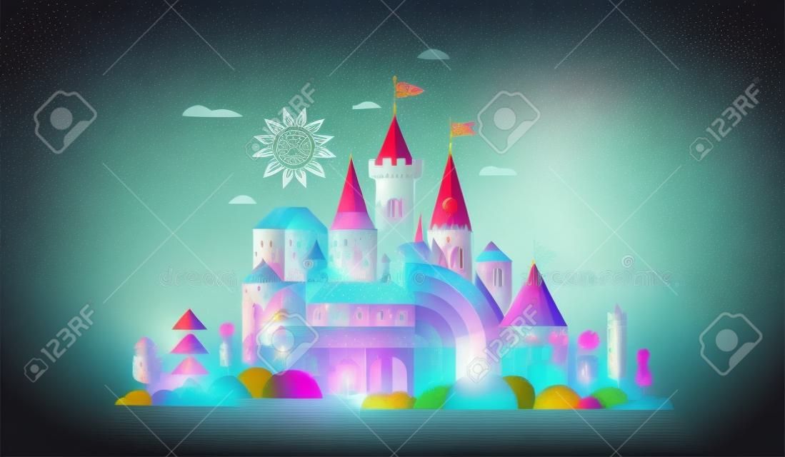 Geometric fairy tale kingdom, knight and princess magic castle, children room, class wall decoration. Colorful vector illustration