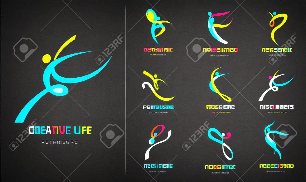 Création de logo de personnes abstraites. Gym, fitness, logo coloré vectoriel d'entraîneur de course. Fitness actif, sport, icône web de danse et symbole