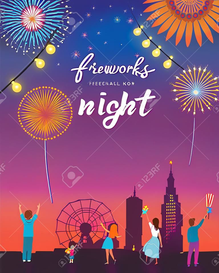 Feuerwerk, Feuerwerkskörper in der Nacht, Feierhintergrund, Gewinner, Siegesplakat, Banner - Vektorillustrationsschablone