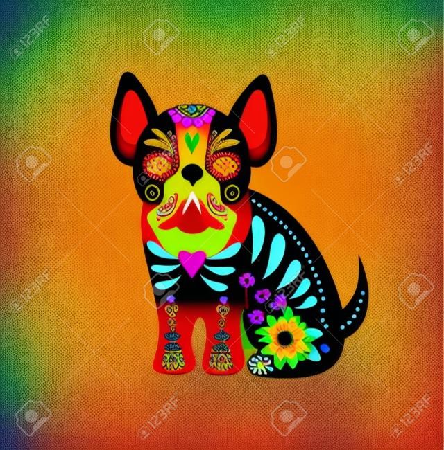 Day of the dead, Dia de los moertos, dogs skull and skeleton decorated with colorful Mexican elements and flowers. Fiesta, Halloween, holiday poster, party flyer. Vector illustration