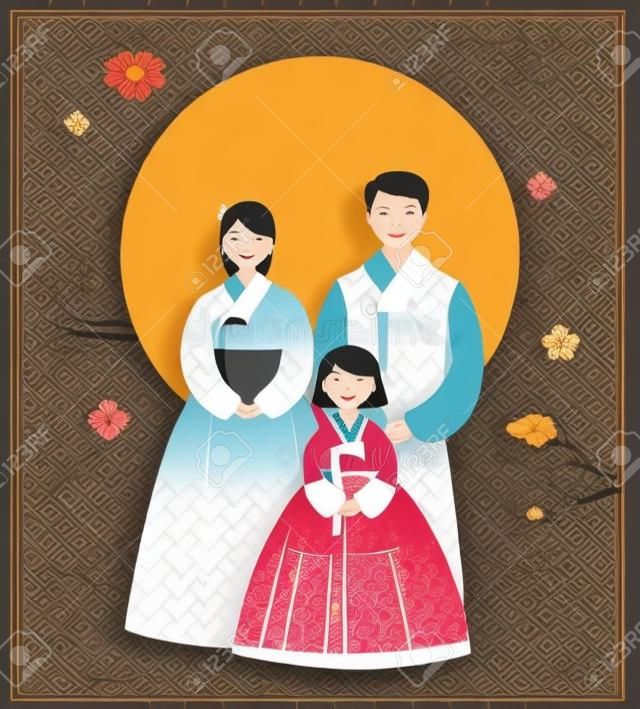 Korean Traditional Happy New Year Day, year of rat. Happy family korean traditional dress. Vector illustration