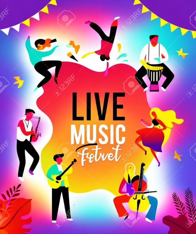 Festival de verão, conceito de festival de música ao vivo, jazz e rock, feira de rua de comida, cartaz de evento e banner. As pessoas dançam e tocam música.